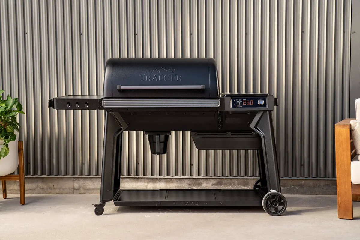 Traeger Woodridge Pro pellet grill, front three-quarter view