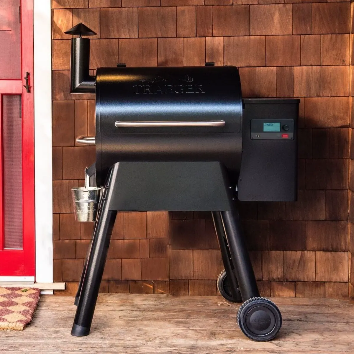 Traeger Pro 575 black pellet grill, front three-quarter view